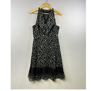 McGinn Black White Polka Dot Halter Midi Dress Lace Trim Size 8